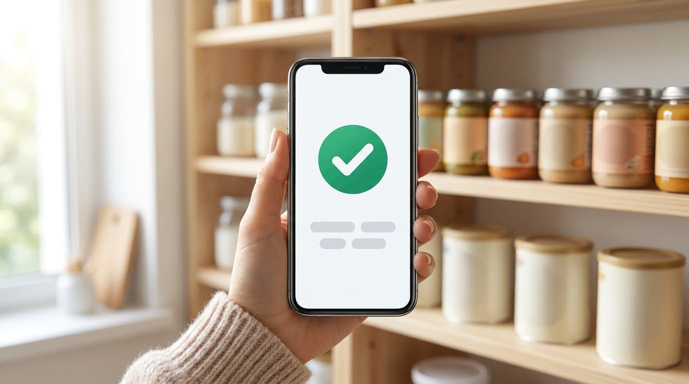 VeriBaby app showing a sourced recall verdict at a pantry shelf
