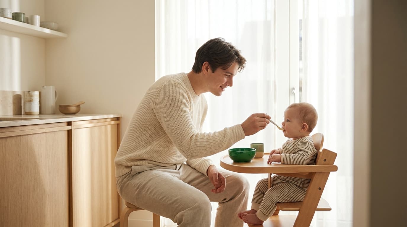 A parent calmly feeding their baby in a bright kitchen
